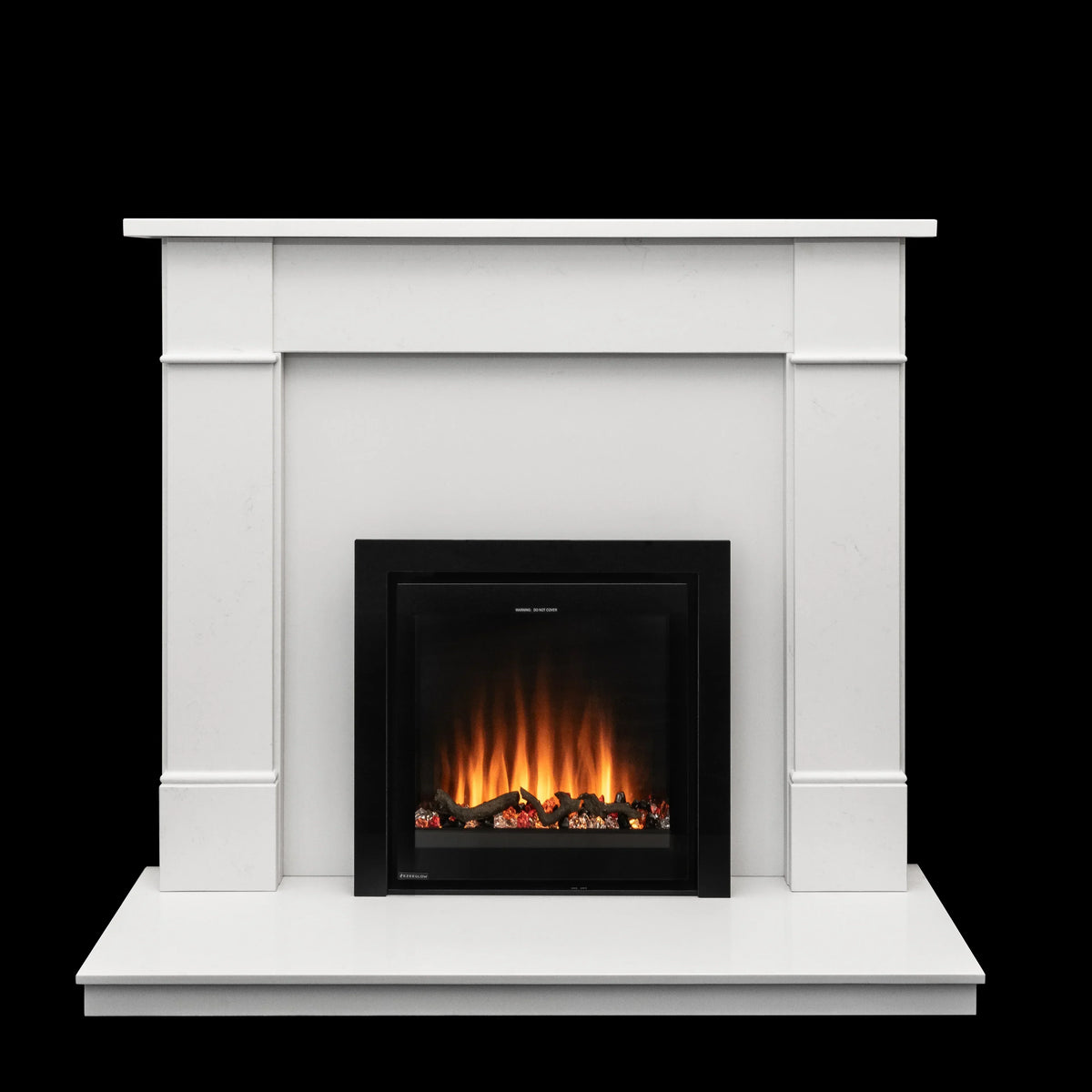 White electric fireplace suite with black framed fire and glowing logs, front view