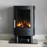 Black electric stove heater with glass front showing realistic flame effect, modern design