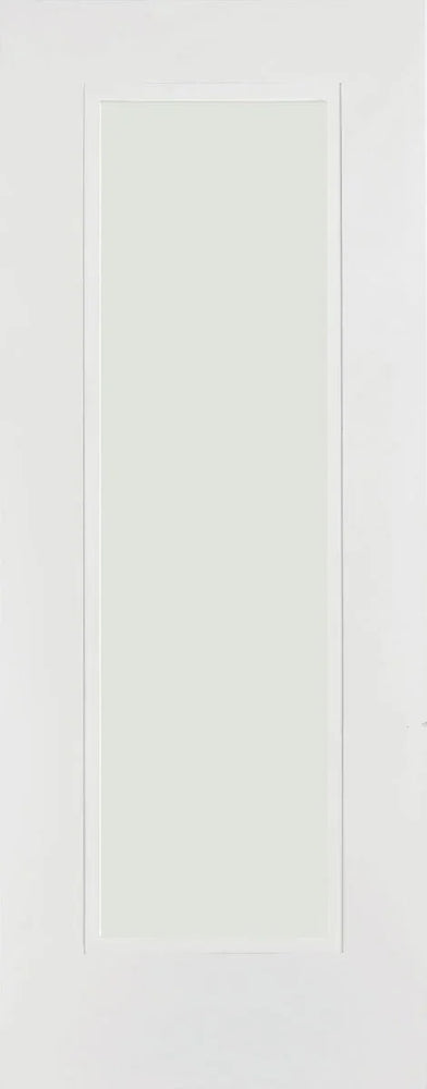 Primed interior door with large frosted glass panel, simple modern design