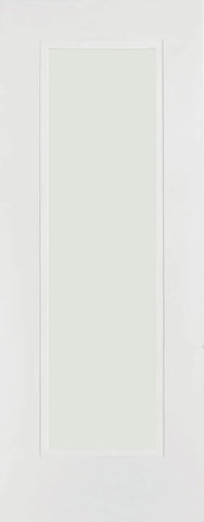 Primed interior door with large frosted glass panel, simple modern design