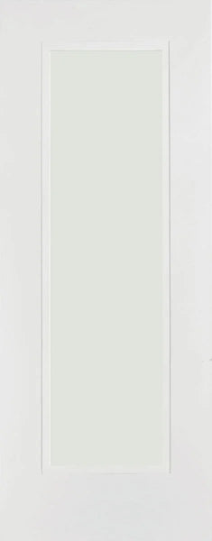 Primed interior door with large frosted glass panel, simple modern design