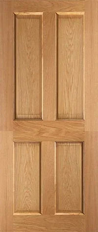 Oak four panel internal door with vertical grain and natural wood finish