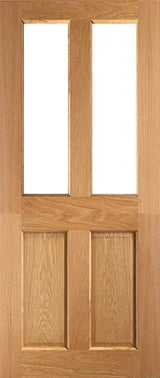 Oak panel interior door with two vertical glass panes and wood grain texture