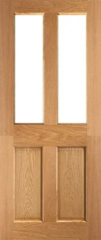 Oak panel interior door with two vertical glass panes and wood grain texture