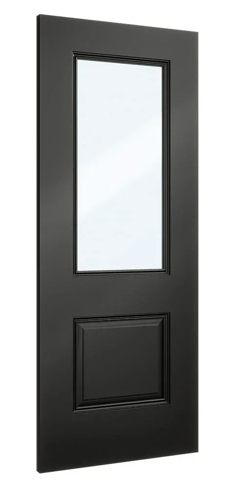 Black interior door with glass panel and raised lower panel, modern wood finish