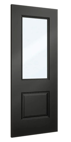 Black interior door with rectangle glass panel and raised lower panel, modern design