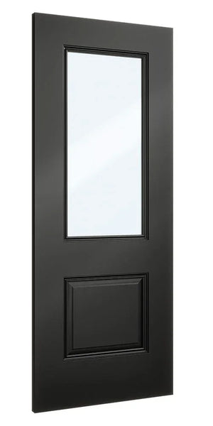 Black interior door with rectangle glass panel and raised lower panel, modern design