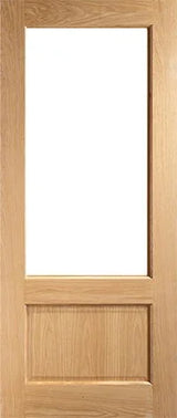 oak internal door with large clear glass panel and wood panel detail lower section vertical view
