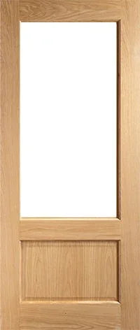 oak internal door with large clear glass panel and wood panel detail lower section vertical view