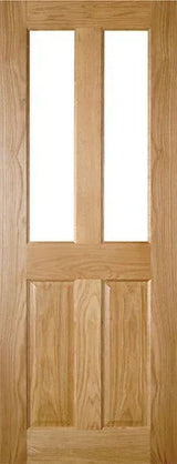 Oak internal door with two vertical glazed panels and natural wood grain finish