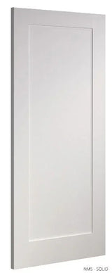 Solid primed internal door with simple rectangular panel design, angled side view
