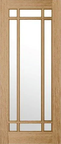 Oak internal door with clear glass panels and vertical wooden frame detailing