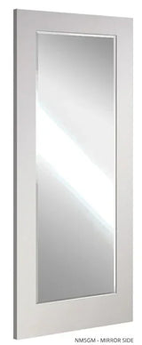 Rectangular wall mirror with white frame and reflective glass, side view