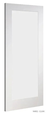 Clear primed interior door with frosted glass panel, shown angled against white background