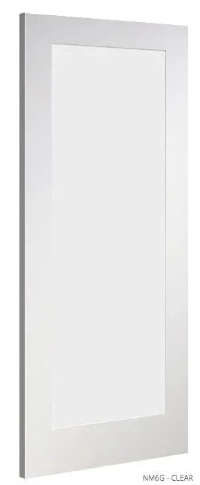 Clear primed interior door with frosted glass panel, shown angled against white background