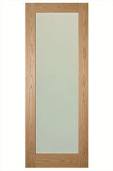 Oak internal door with large frosted glass panel, vertical wood grain frame, front view