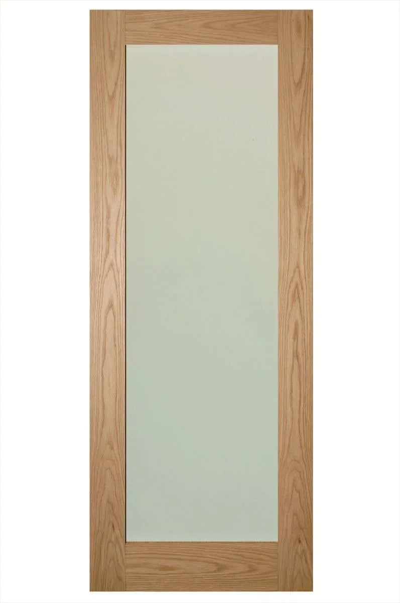Oak internal door with large frosted glass panel, vertical wood grain frame, front view