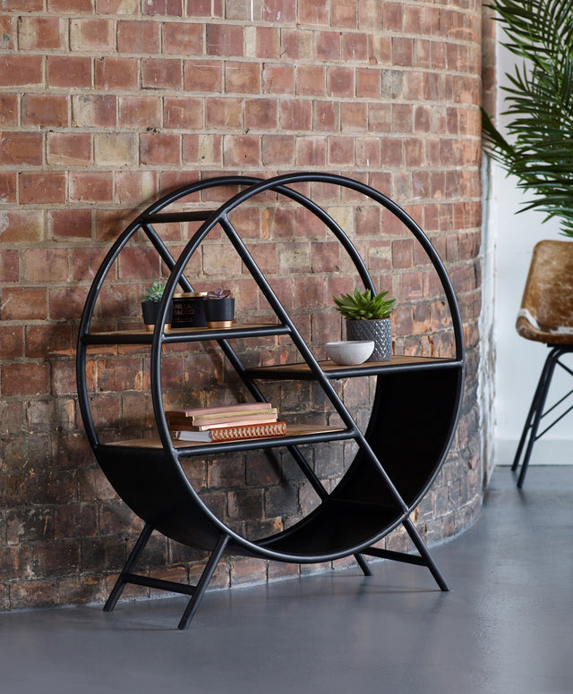 Cosmo Industrial Round Open Bookcase with wooden shelves and metal frame