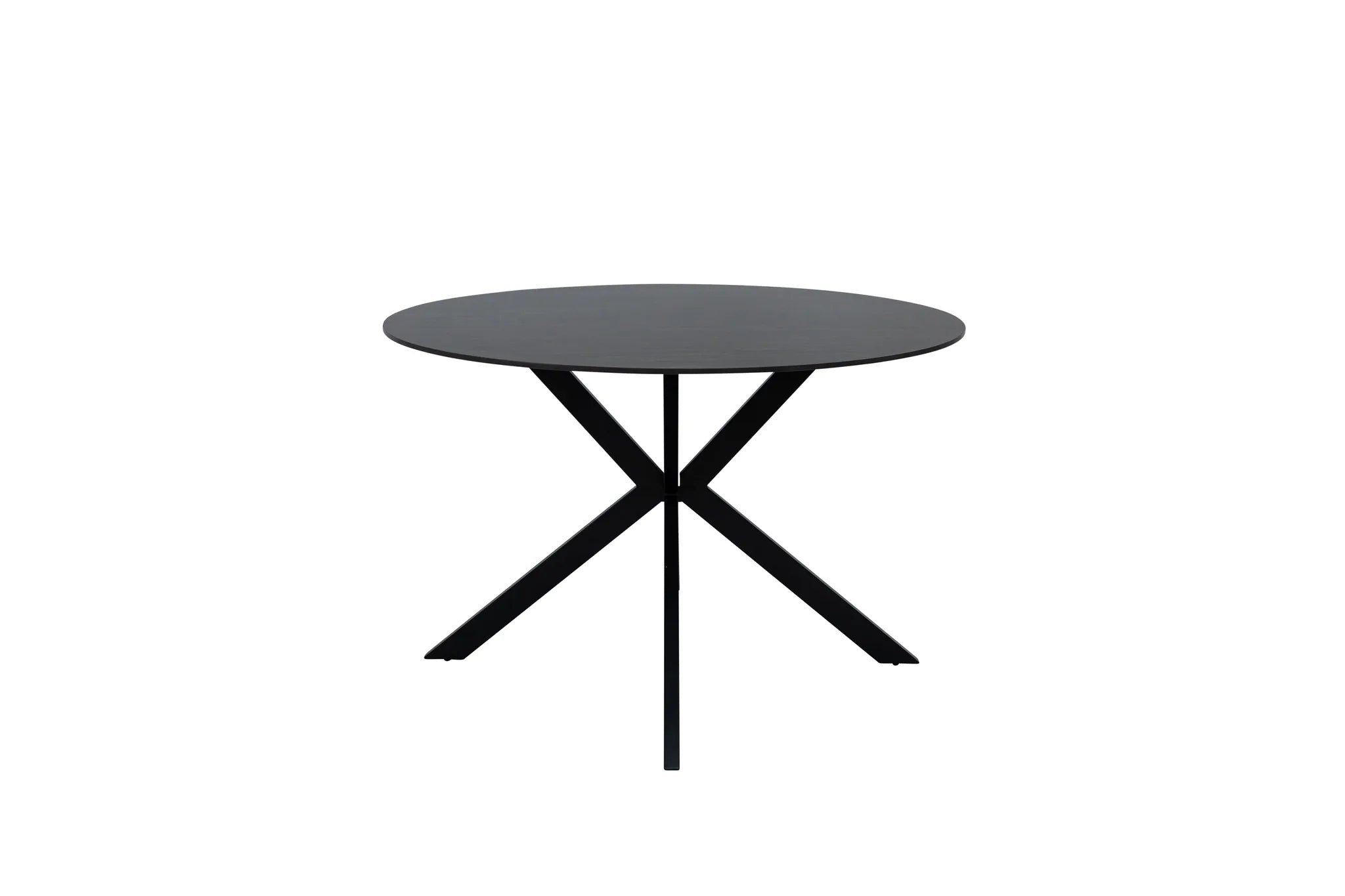 A round black dining table with a minimalist X-shaped metal base, shown against a plain white background.