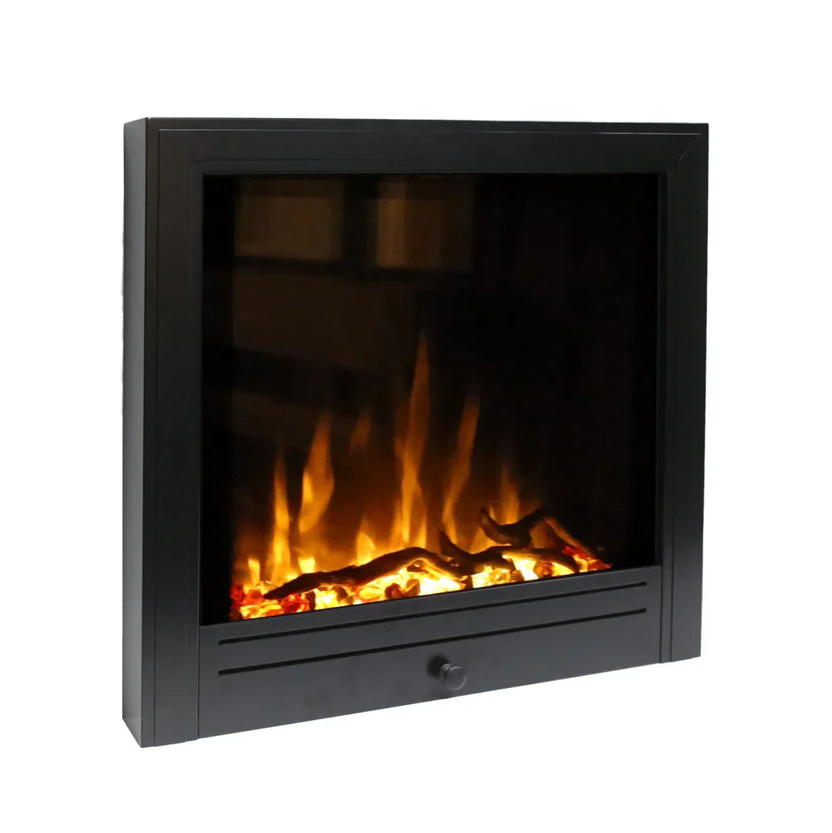 Black electric fireplace with realistic flame effect and glowing log display