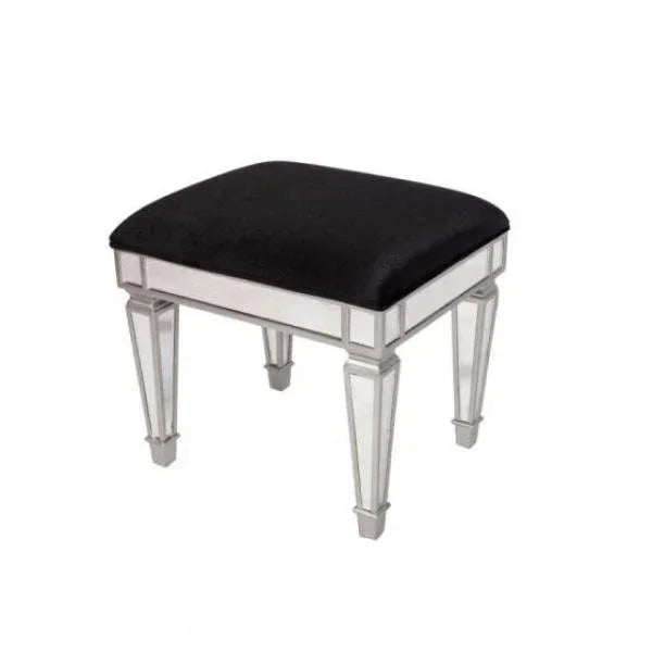 Mirrored dressing table stool with black upholstered seat and reflective legs