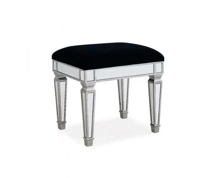 Mirrored dressing table stool with black cushioned seat and bevelled glass legs