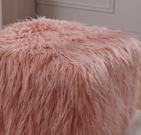 Heavy Shag Faux Sheepskin Cube Stool- Pink