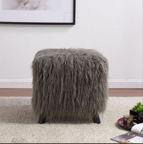 Heavy Shag Faux Sheepskin Cube Stool- Grey