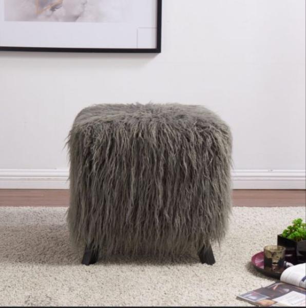 Heavy Shag Faux Sheepskin Cube Stool- Grey