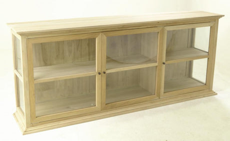 Light wood display cabinet with glass doors and shelves