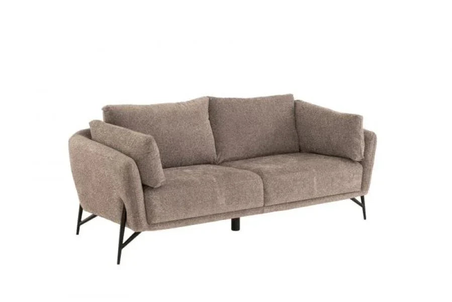 Modern brown fabric sofa with slim black metal legs and loose back cushions