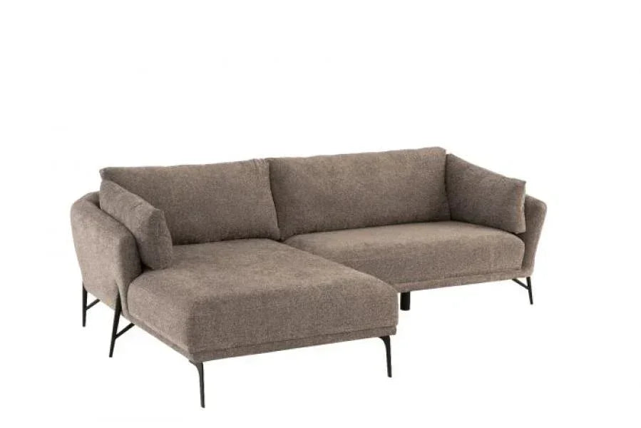 Brown fabric corner sofa with chaise and black metal legs on white background