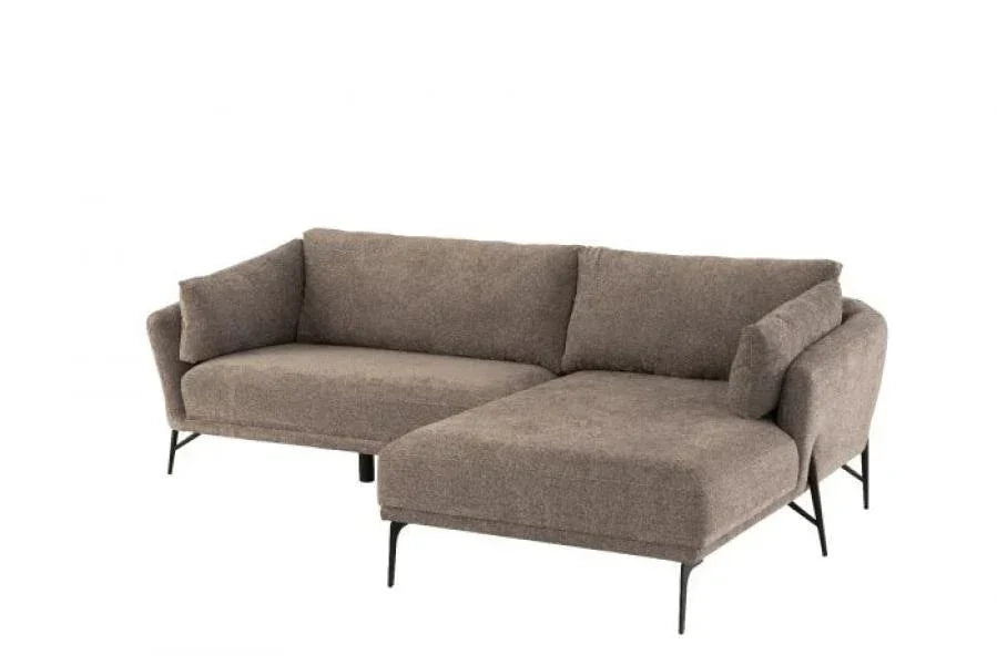 Brown fabric corner sofa with chaise and metal legs on white background