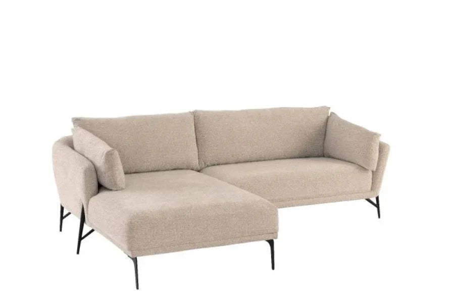 Beige fabric corner sofa with chaise and black metal legs