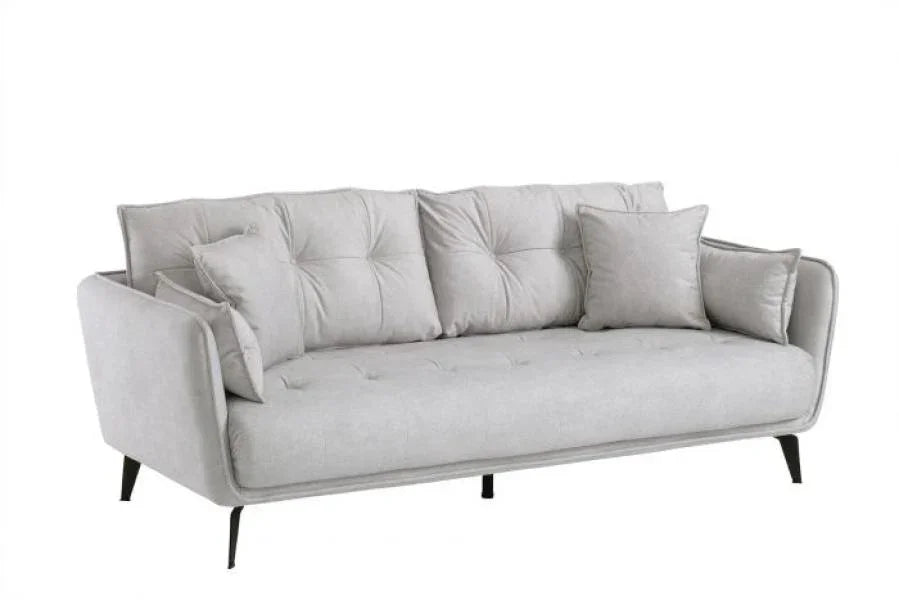 Light grey fabric sofa with button-tufted backrest, matching cushions and black metal legs