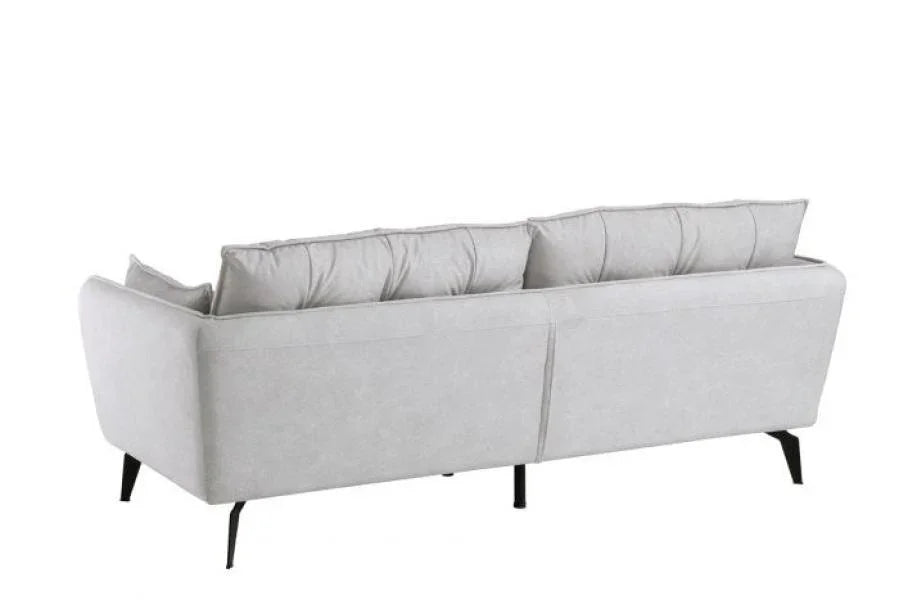 Light grey fabric sofa with metal legs rear view