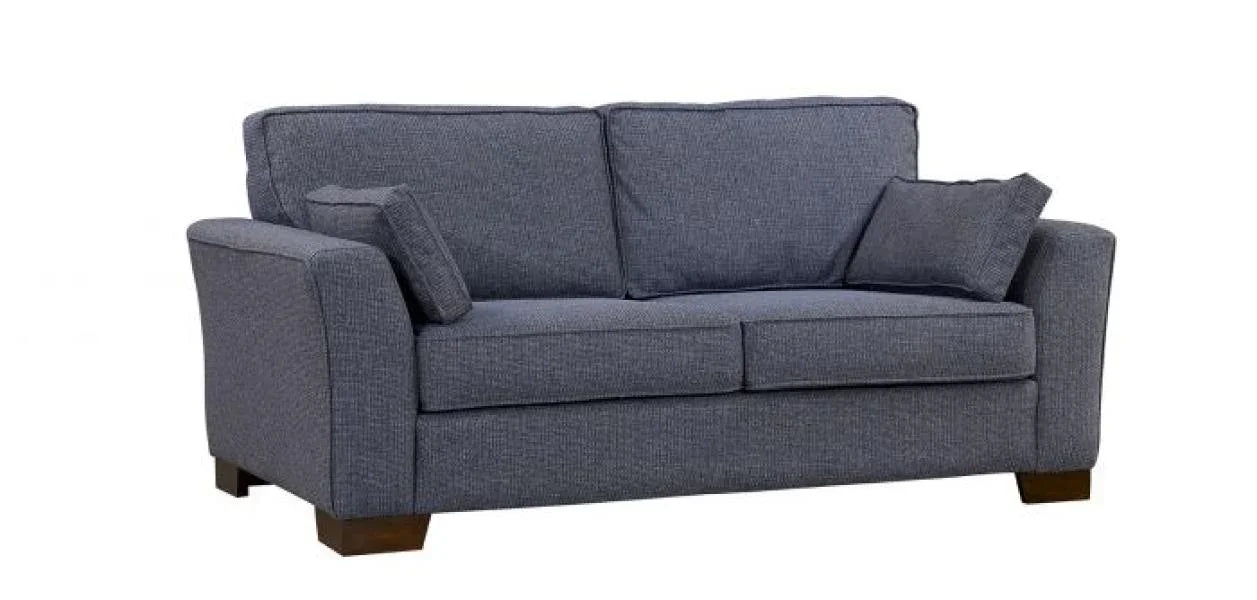 Dark grey fabric sofa with two seat cushions and two accent pillows on wooden legs