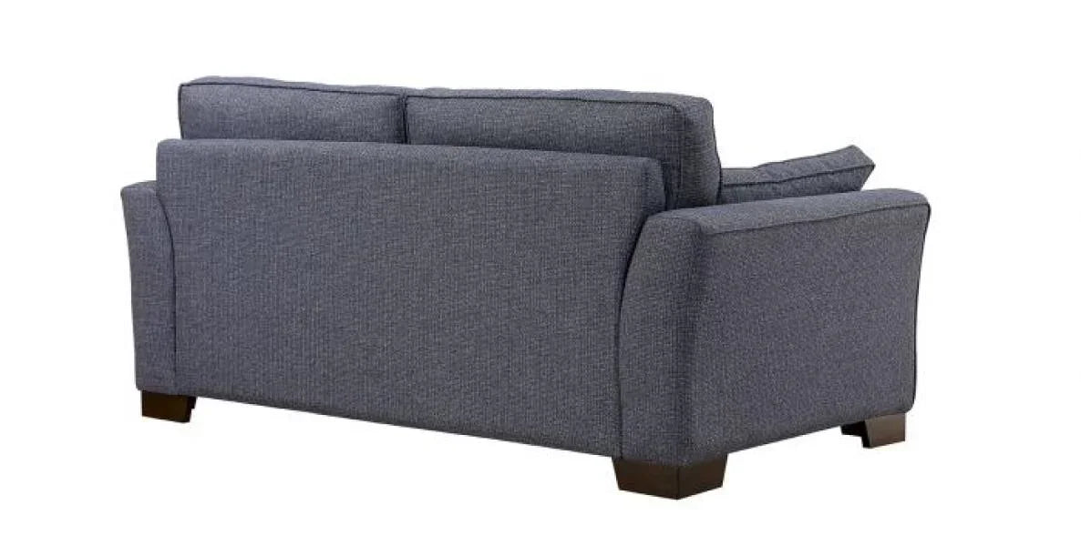 Grey fabric sofa rear view with square arms and wooden legs