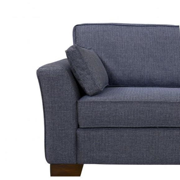 Blue fabric sofa arm with cushion and wood leg corner view