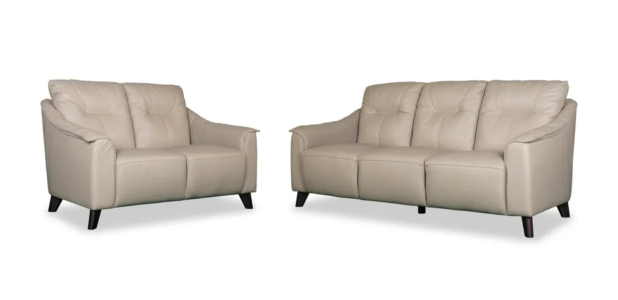 Beige leather sofa set with two seater and three seater on black legs