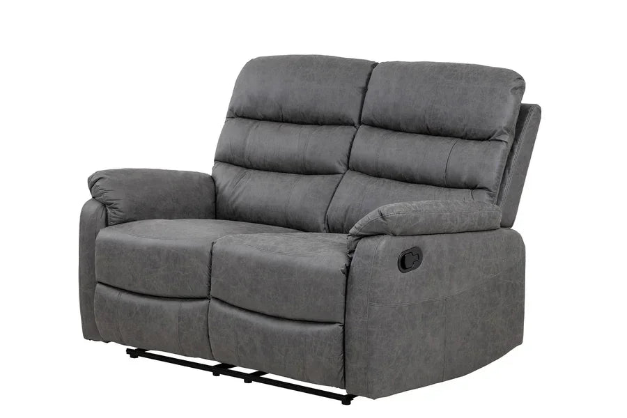 Grey fabric recliner sofa with padded backrest and armrests, side lever visible