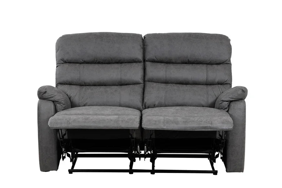 Grey fabric recliner sofa two-seater with padded arms and raised footrests, front view