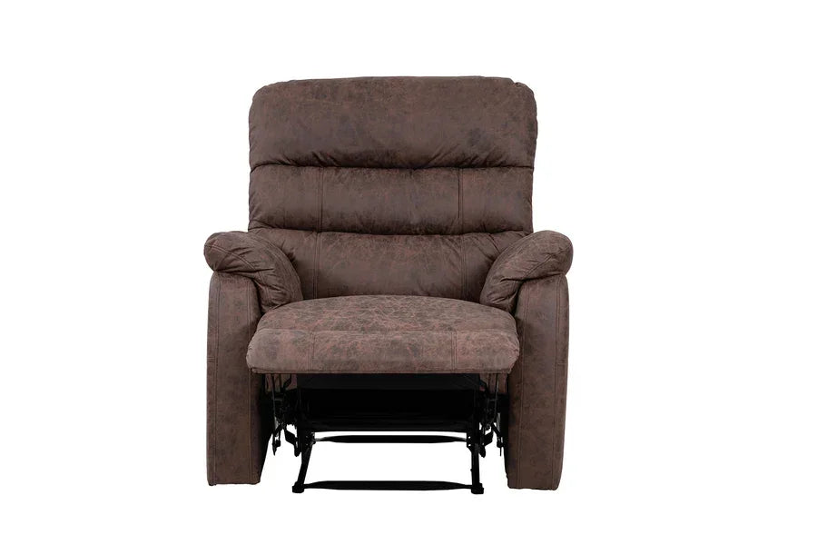 Brown fabric recliner armchair with padded seat and extended footrest front view