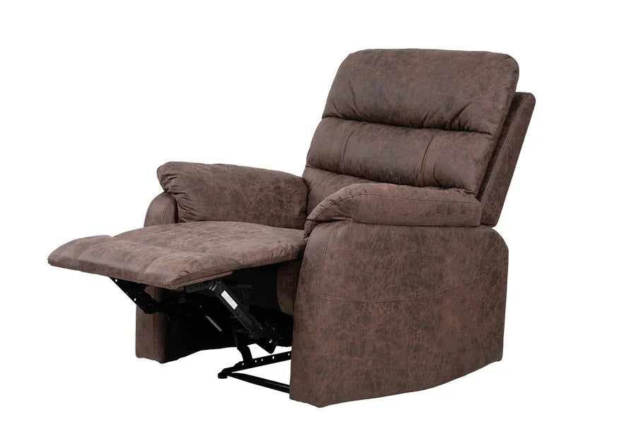 Brown fabric recliner chair with padded armrests and extended footrest, side view