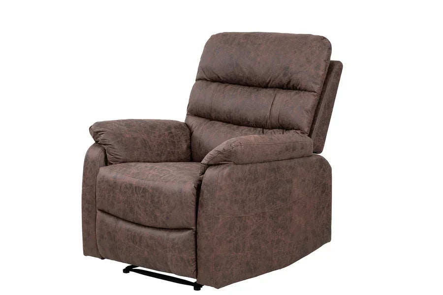 Brown leather recliner chair with padded armrests and cushioned backrest