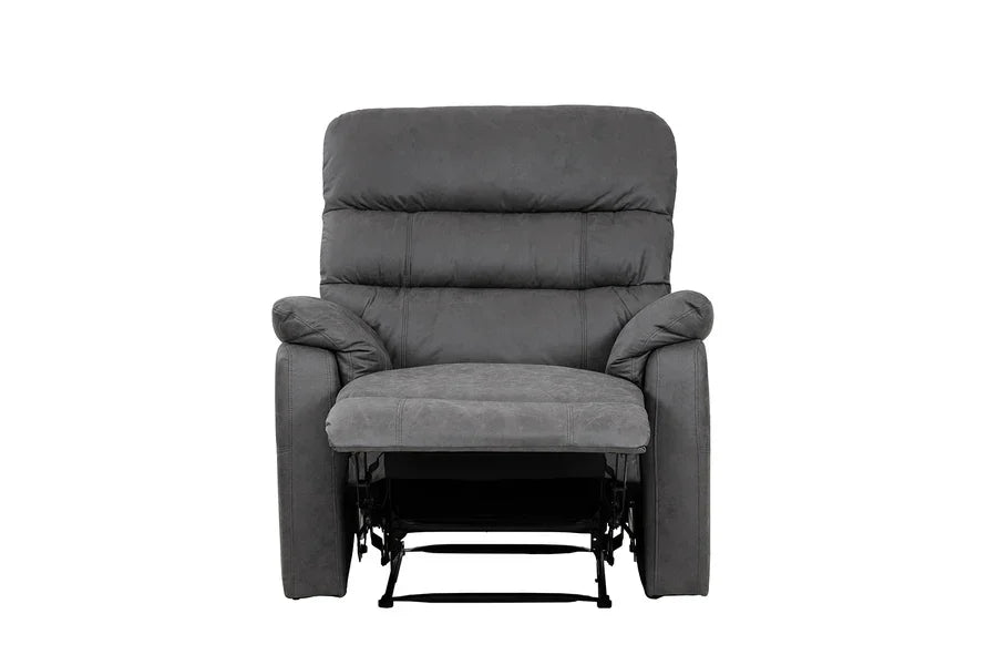 Grey fabric recliner armchair with footrest extended, front view