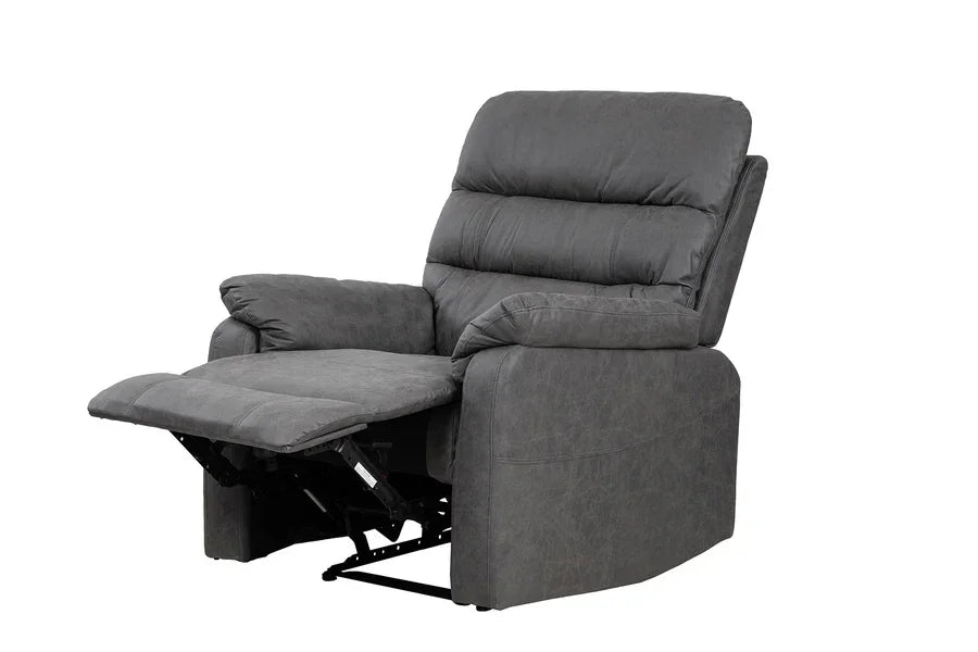 Grey fabric recliner chair with padded backrest and extended footrest on white background