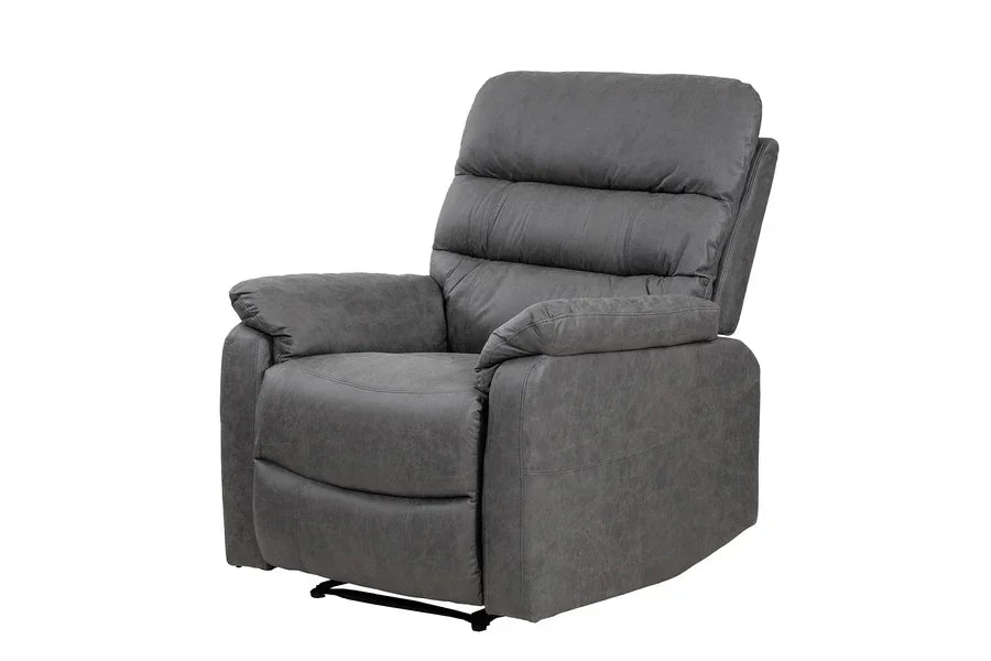 Charcoal grey recliner chair with padded armrests and backrest on white background