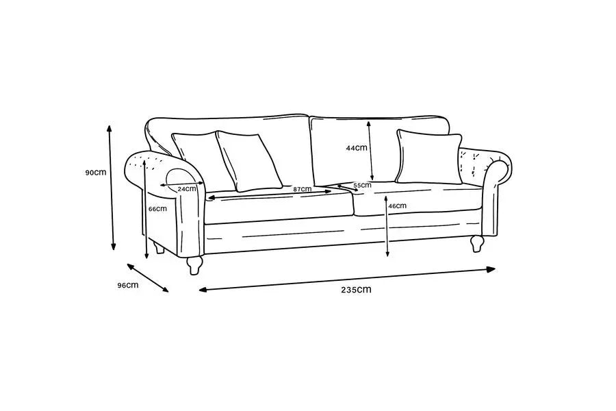 Sofa line drawing with dimensions labeled, including seat depth, height, and width measurements