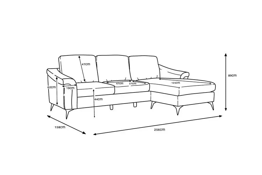 Corner sofa dimensions diagram with measurements for width, height, seat depth, and chaise